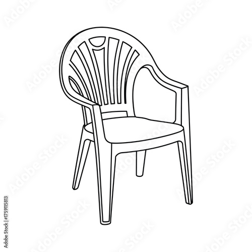 Simple line drawing of a plastic garden chair with armrests