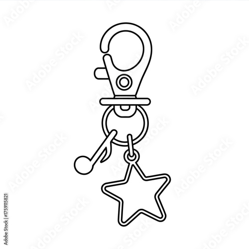 Simple line art of a keychain with a star and musical note charm