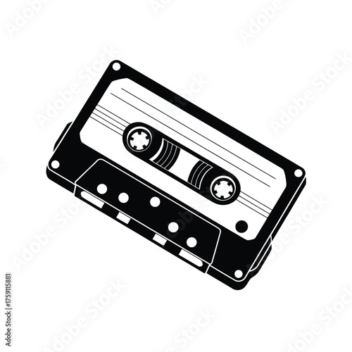 Retro audio cassette tape in a vintage black and white illustration