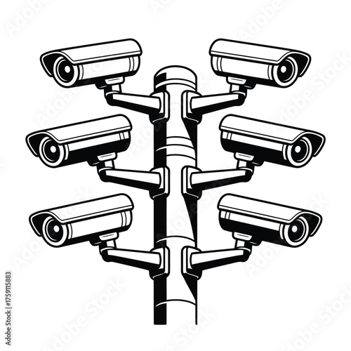 Surveillance camera pole with multiple security cameras watching in all directions