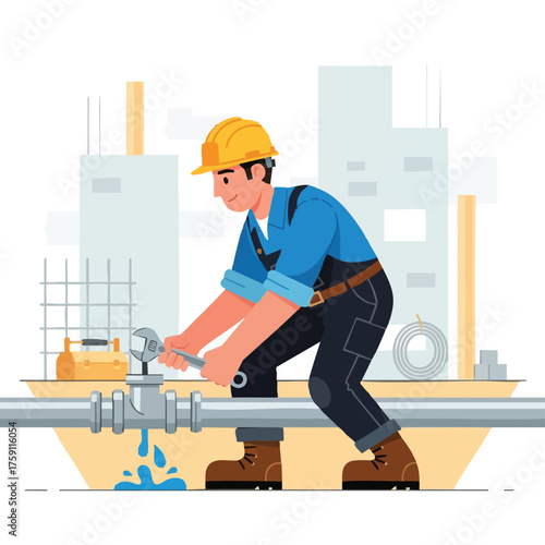 A skilled plumber, wearing a hard hat, repairs a leaky pipe with a wrench on a construction site, ensuring functionality.