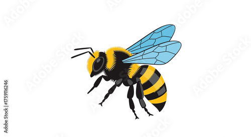 Stylized vector illustration of a flying honey bee with fuzzy yellow and black stripes and blue wings.