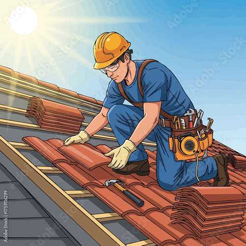 A construction worker carefully installs roof tiles on a sunny day, ensuring a secure and durable roofing system for a residential building.