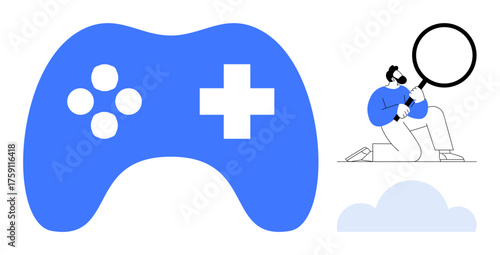 Blue game controller with control buttons next to a person analyzing with a magnifying glass. Ideal for gaming, analytics, research, strategy, creativity, innovation, technology themes. A simple flat