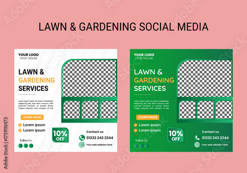 Lawn, garden, or Landscaping maintenance Service Social Media Post design, and Web square Banner Template, Agriculture farm service social media post, or Instagram banner design, web template