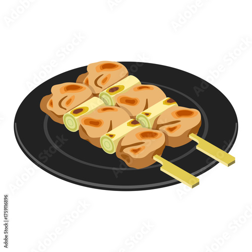 Yakitori negima chicken and leek skewer with salt on black plate - flat vector illustration, Japanese food icon