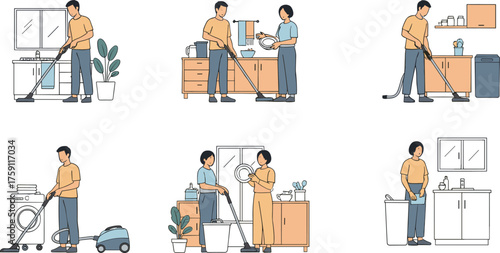 People performing household chores together—vacuuming, laundry, dishwashing—highlighting teamwork, cleanliness, daily routine, and modern domestic lifestyle scenes