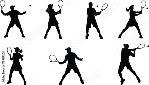 Silhouette Tennis Players in Forehand, Backhand, and Serve Poses with Rackets and Balls, Calm Mood, Six-Scene Sports Series