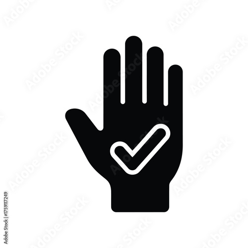 Hand palm gesture icon for stop sign or high five symbol of volunteering and teamwork showing support and agreement a simple black vector illustration