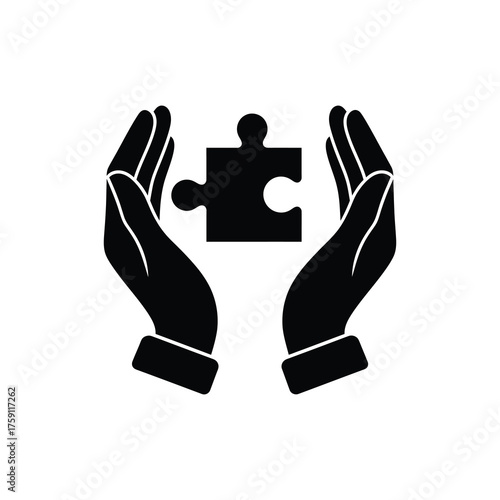 Hands protecting puzzle piece icon representing solution care and business strategy a concept for problem solving teamwork and finding a valuable component