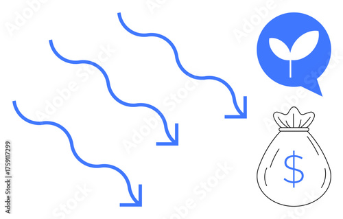 Arrows represent movement or flow, paired with a sprout for growth and a money bag for profits. Ideal for finance, investment, success, eco-business, savings, sustainability CSR. Simple flat