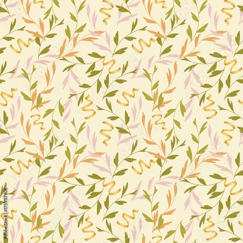 Elegant Botanical Vine Seamless Pattern, Vintage Foliage and Ribbon Background, Subtle Earth Tones Textile for Wedding and Scrapbooking.