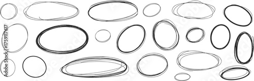 Abstract hand-drawn oval shapes, sketchy ink circles, irregular geometric design, minimalist artistic pattern, black and white illustration background