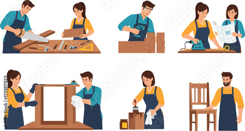 Team building wooden chair through planning, cutting, assembling, and finishing, showcasing DIY craftsmanship, tools, and collaborative furniture-making process