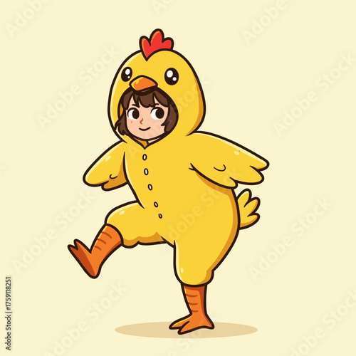 A cartoon drawing of a person happily wearing a yellow chick costume and striking a playful pose.