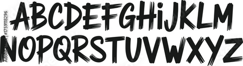 Bold handwritten brush alphabet letters, uppercase font design, artistic typography set, grunge style lettering for posters, branding, creativity