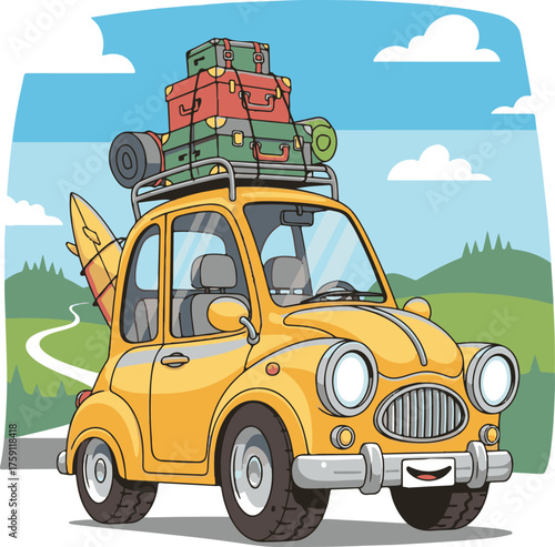 Whimsical Yellow Retro Car with Travel Gear on Winding Road