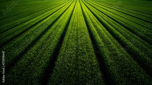 Konstfotografi Lush green agricultural field with repeating furrows under dramatic light