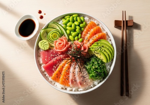 Fresh salmon and tuna poke bowl with avocado and edamame – colorful Japanese food top view