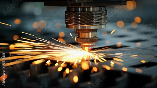 Precision Manufacturing: A close-up showcases a high-tech laser cutting through metal, generating brilliant sparks and demonstrating modern industrial processes.