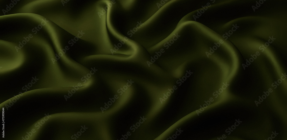 Obraz premium Luxury elegant wide background. Dark soft kelly warm green avocado hue silvery pale dusty silk satin fabric material. Wave line crumpled swirl. Abstract brilliant smooth rich royal velvet wallpaper