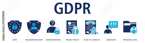 GDPR banner web icon vector illustration concept with icon of GDPR, pseudonymisation, anonymization, privacy policy, code of conduct, complaint, personal data
