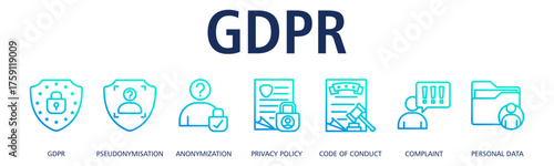 GDPR banner web icon vector illustration concept with icon of GDPR, pseudonymisation, anonymization, privacy policy, code of conduct, complaint, personal data
