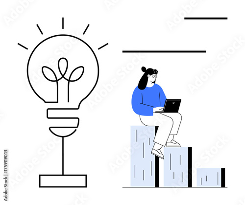 Woman seated on bar graph steps working on a laptop, adjacent to a large glowing light bulb. Ideal for creativity, business growth, innovation, progress, productivity, entrepreneurship technology. A
