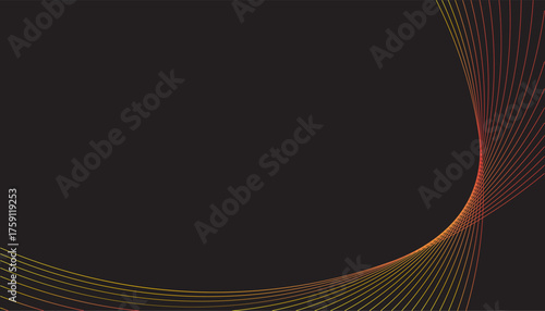 A dark abstract background featuring a warm, curving sweep of fine lines in a yellow-to-red gradient. Dynamic, modern, and minimal.