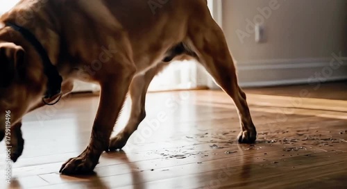 a dog with dirty paws walks on the floor
