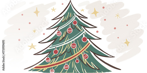 Festive Christmas tree adorned with red ornaments and twinkling stars, perfect for holiday celebrations and seasonal designs