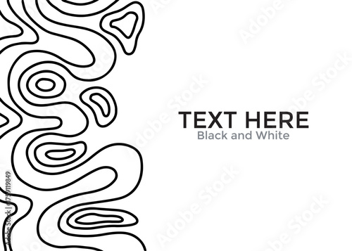 Abstract black and white graphic with contour lines on the left side and text "TEXT HERE" on the right.