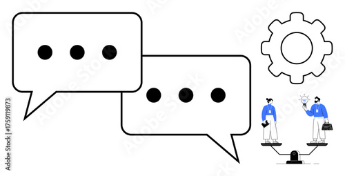 Speech bubbles symbolize communication, with two people on a scale exchanging ideas near a gear. Ideal for teamwork, negotiation, problem-solving, balance, innovation, leadership, simple flat