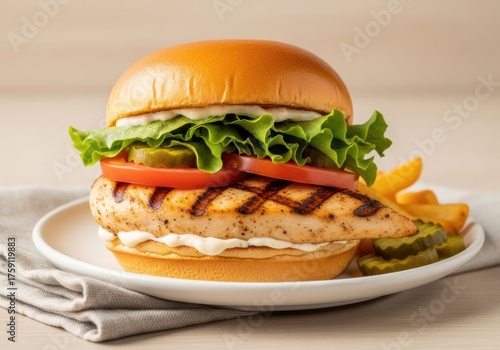 Grilled chicken sandwich with fresh veggies on bun – gourmet fast food closeup