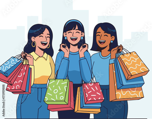 Flat Vector Illustration of Three Happy Women Holding Patterned Shopping Bags