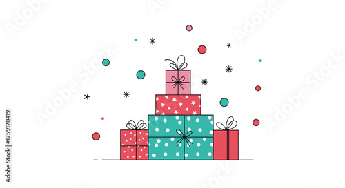 A festive tower of brightly colored gift boxes adorned with ribbons sits against a white background with scattered confetti.