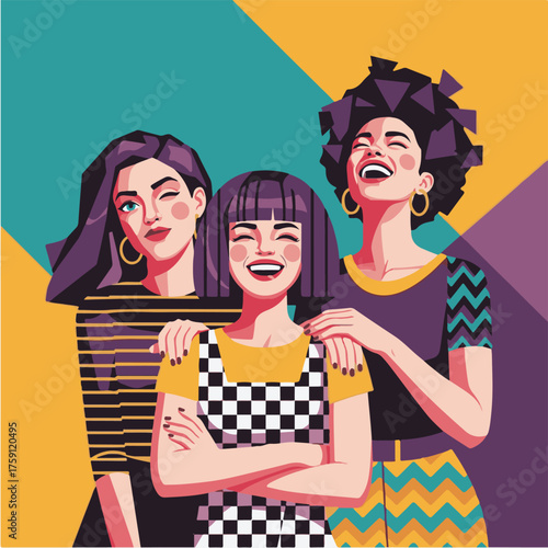 Pop Art Vector Illustration of Three Women on Geometric Background