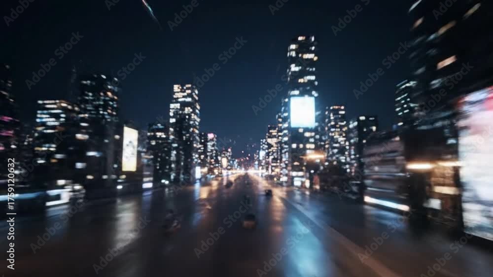 illustration of Explore abstract light trails from flying cars in a cyberpunk city at night, creating a dynamic, painterly effect. Ideal for artistic urban concepts.