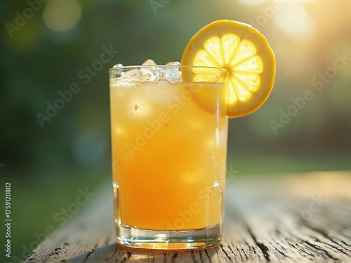 A refreshing glass of iced juice with a backlit lemon slice garnish sits on a wooden surface outdoors at sunset.
