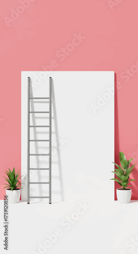 A simple grey ladder leaning against a blank white panel, flanked by two small green plants in white pots.