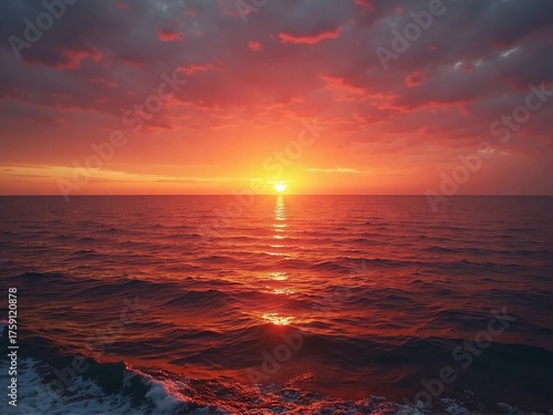A breathtaking sunset paints the vast ocean and cloudy sky in fiery hues of red and orange.