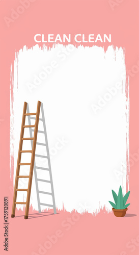 Minimalist illustration of a wooden ladder and potted plant against a freshly painted pink wall with white copy space.