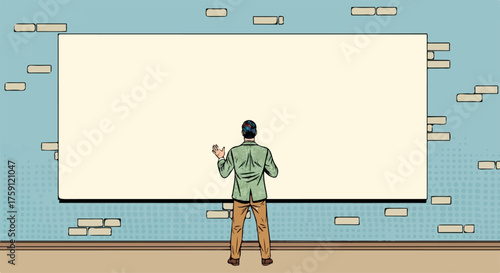 A retro pop art illustration of a man in a green jacket, seen from behind, gesturing towards a large blank screen.