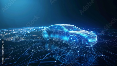 Blue glowing network illustration of a futuristic car. AI, autonomous driving, or smart city technology concept on an abstract data grid and blurred background.