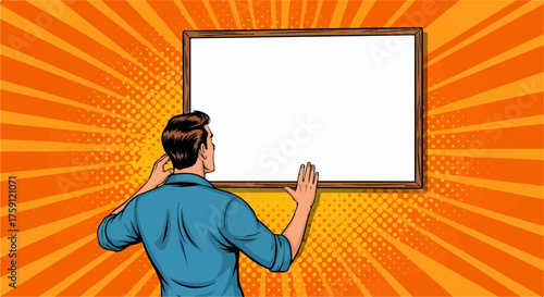 Man in Blue Shirt Gazing at Blank Whiteboard in Pop Art Style