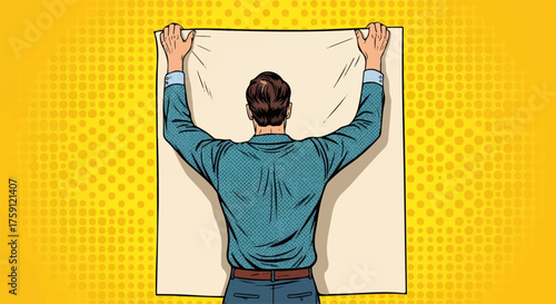 Man Holding Up a Blank Paper Sheet in Pop Art Style