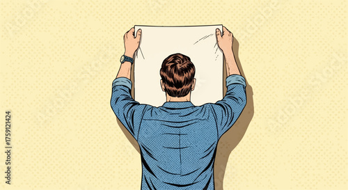 Man holding blank paper, pop art style, back view