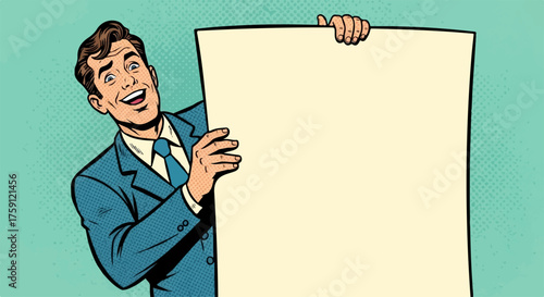 Excited retro pop art businessman in a blue suit holding a large blank presentation board.