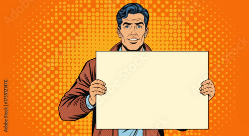 Retro Pop Art Man Holding Blank Sign, Smiling, Looking Forward.