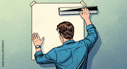 Man smoothing paper on wall with tool, wearing watch, blue shirt.